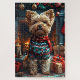 Yorkipoo-Hund mit Weihnachtsgeschenken Kamin