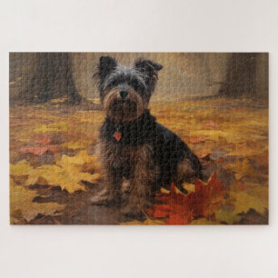 Yorkipoo im Herbst inspiriert durch fallende Blätt
