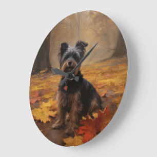 Yorkipoo im Herbst inspiriert durch fallende Blätt Große Wanduhr