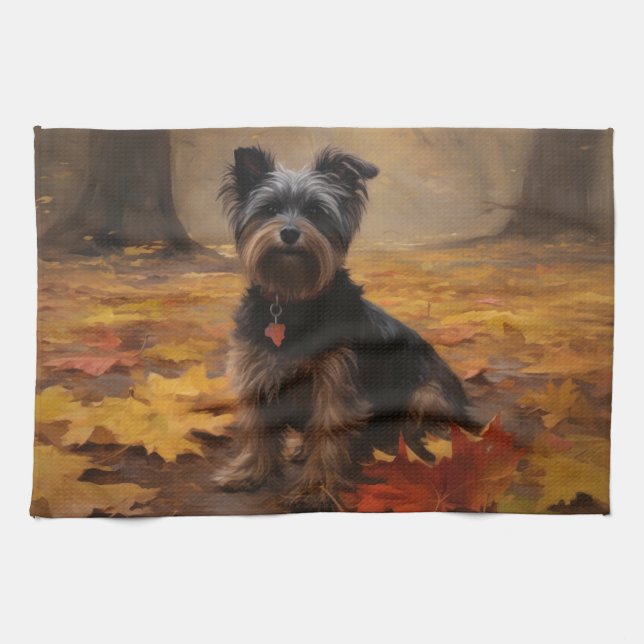 Yorkipoo im Herbstfall Inspiriert Geschirrtuch (Horizontal)