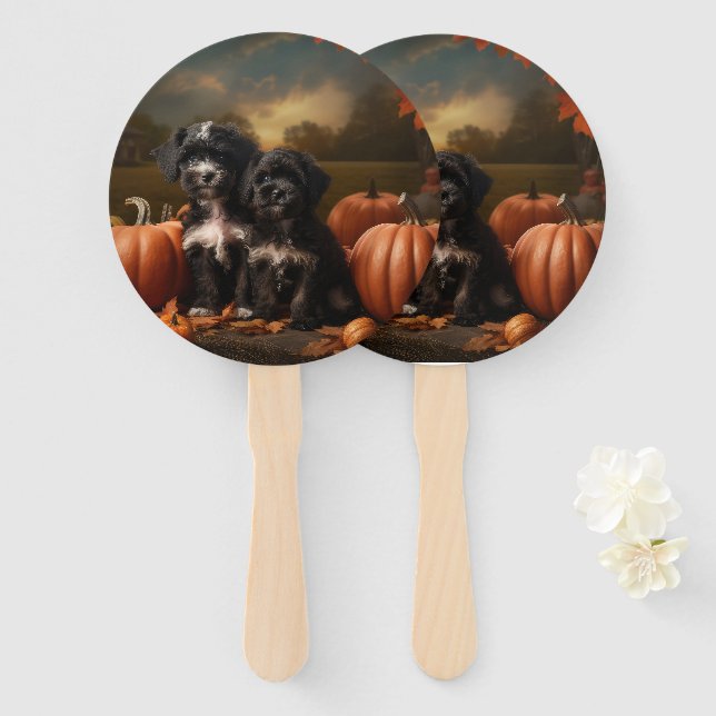 Yorkipoo Puppy Autumn Delight Pumpkin Fächer (Vorne und Hinten)