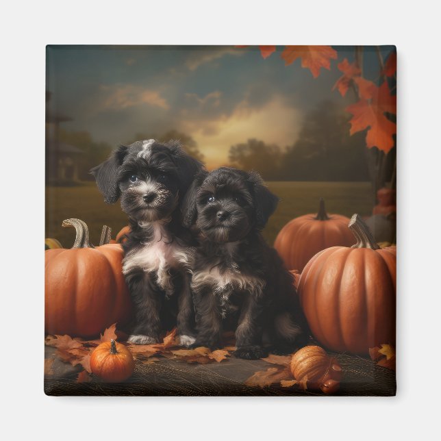 Yorkipoo Puppy Autumn Delight Pumpkin Magnet (Vorne)