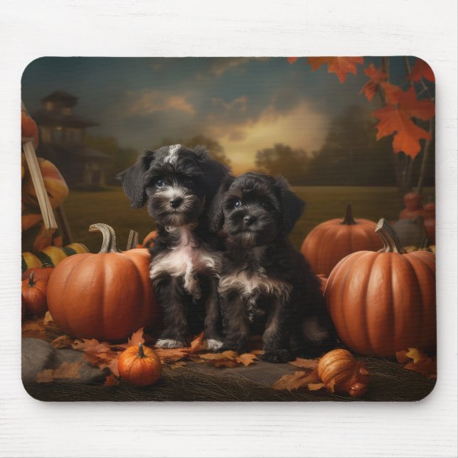 Yorkipoo Puppy Autumn Delight Pumpkin Mousepad (Vorne)