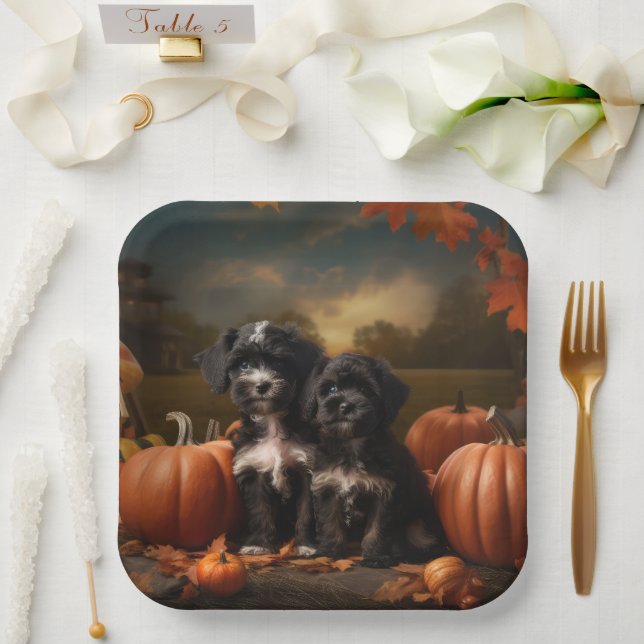 Yorkipoo Puppy Autumn Delight Pumpkin Pappteller (Hochzeit)