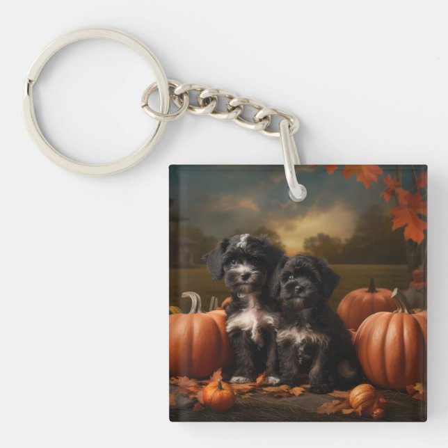Yorkipoo Puppy Autumn Delight Pumpkin Schlüsselanhänger (Vorderseite)