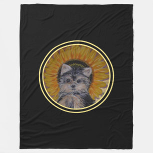 Yorkshire Puppy Dog & Sunflower auf Black Fleecedecke