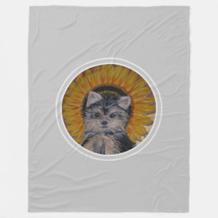Yorkshire Puppy Dog & Sunflower auf Light Grau Fleecedecke