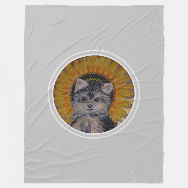 Yorkshire Puppy Dog & Sunflower auf Light Grau Fleecedecke (Vorderseite)