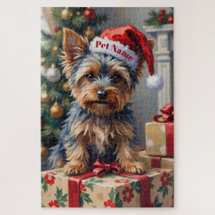 Yorkshire Terrier auf Geschenken mit Santa-Hut