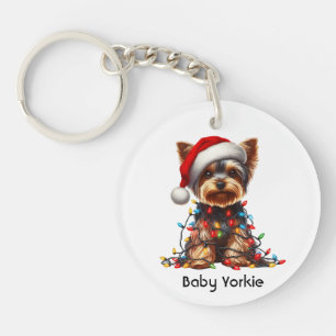 Yorkshire Terrier auf Santa-Hut und Weihnachtslich Schlüsselanhänger