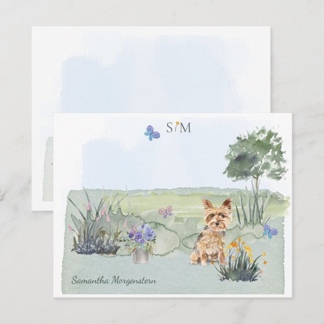 Yorkshire Terrier Butterfly Meadow Monogram Name Mitteilungskarte (Vorne/Hinten)