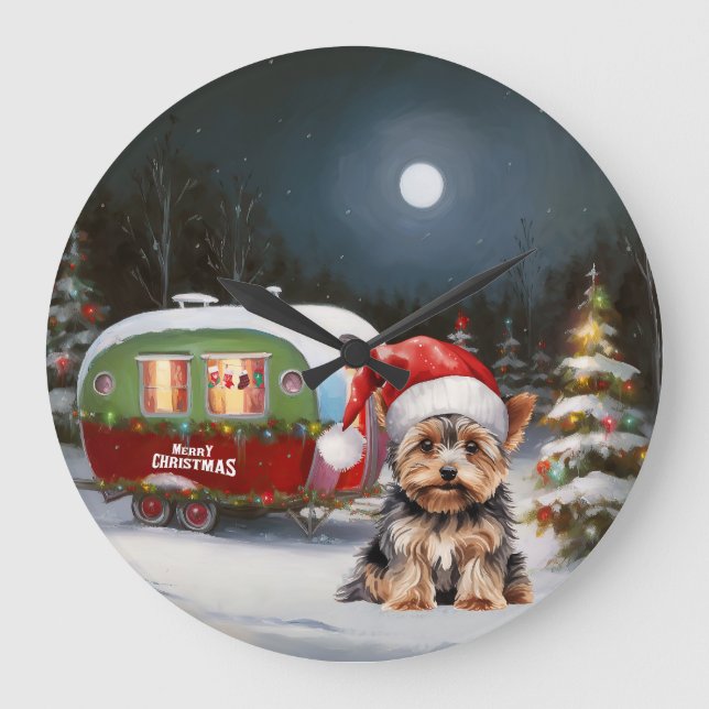 Yorkshire Terrier Caravan Christmas Adventure Große Wanduhr (Vorderseite)
