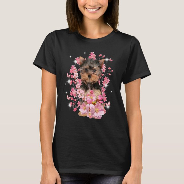 Yorkshire Terrier Cherry Blossom Flowers T-Shirt (Vorderseite)