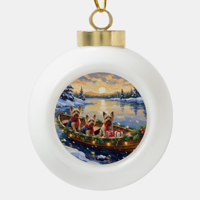 Yorkshire Terrier Christmas Boat Holiday Keramik Kugel-Ornament (Vorderseite)