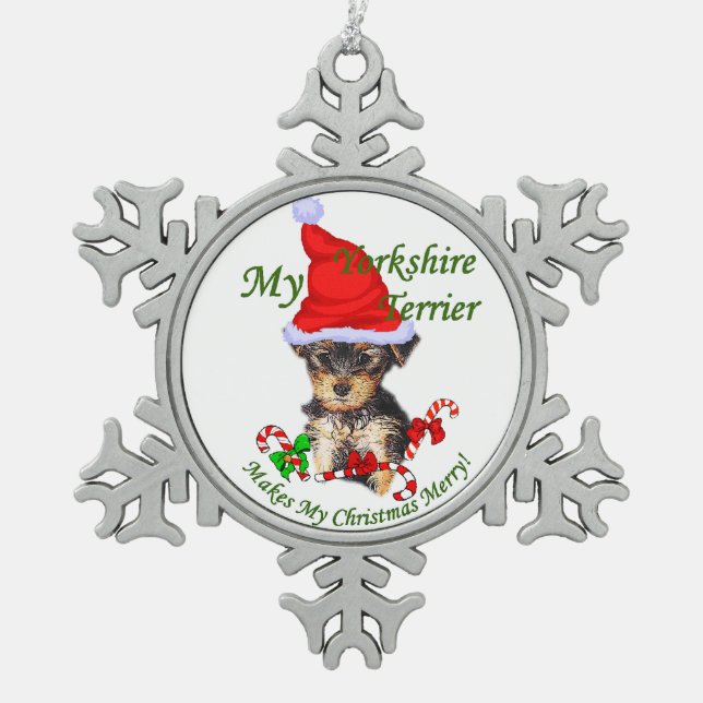 Yorkshire Terrier Christmas Schneeflocken Zinn-Ornament (Vorderseite)