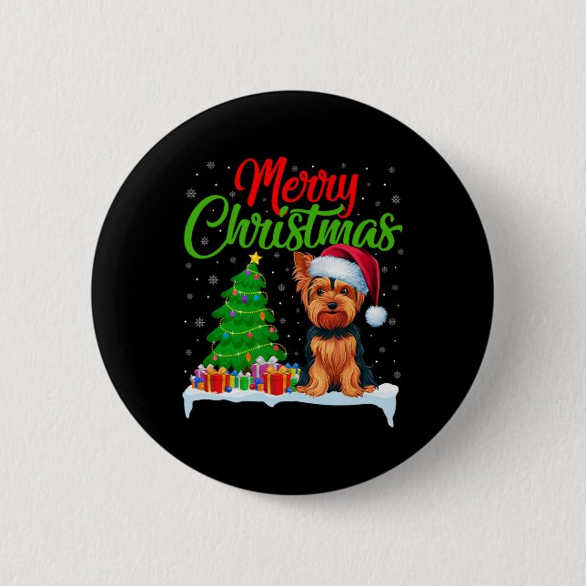 Yorkshire Terrier Christmas Tree Lights Funny Xmas Button (Vorderseite)