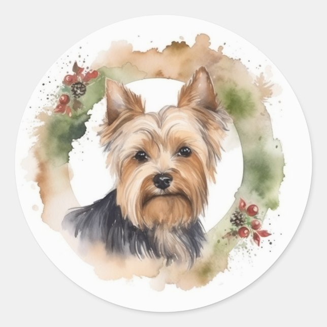 Yorkshire Terrier Christmas Wreath Festivals Runder Aufkleber (Vorderseite)