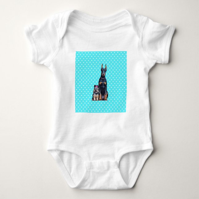 Yorkshire Terrier Doberman Blue Polka Dots Baby Strampler (Vorderseite)