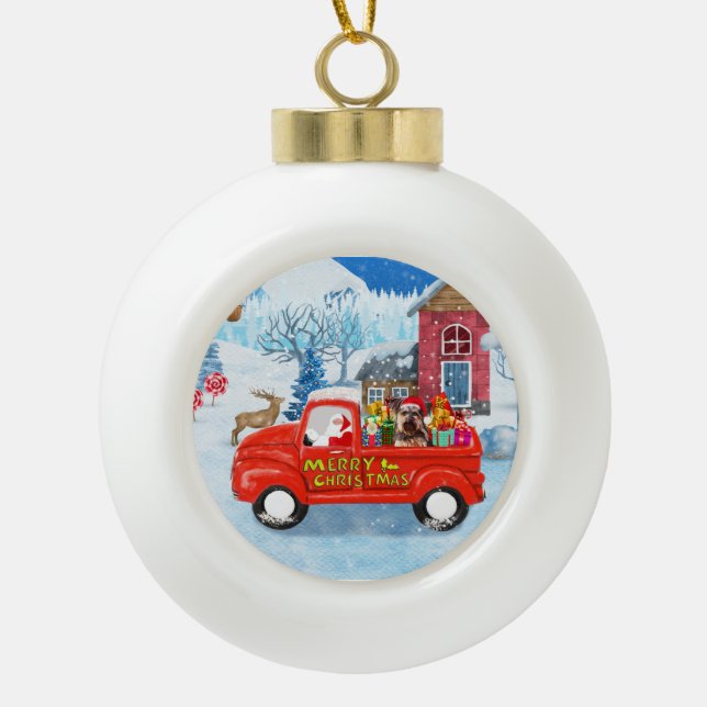 Yorkshire Terrier Dog Christmas Delivery Truck Keramik Kugel-Ornament (Vorderseite)