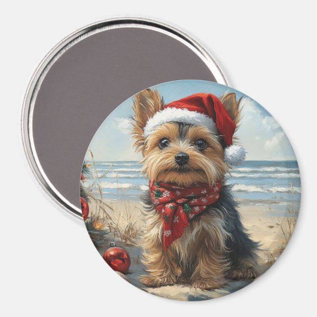 Yorkshire Terrier Dog Christmas Vintag Beach Magnet (Vorderseite/Rückseite)