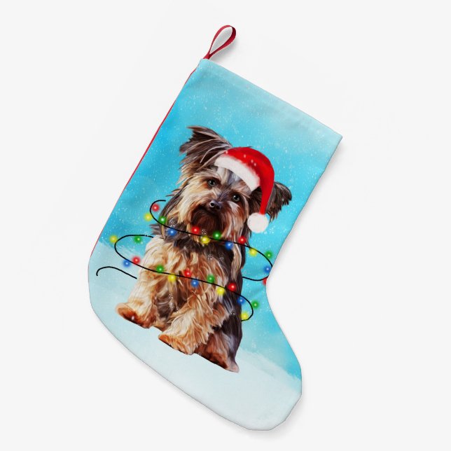 Yorkshire Terrier Dog Christmas Weihnachtsmannmütz Kleiner Weihnachtsstrumpf (Vorderansicht (hängend))