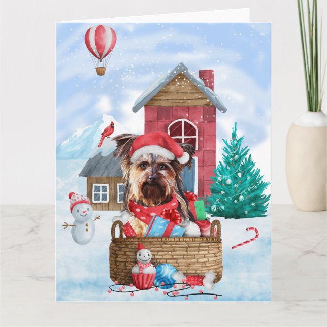 Yorkshire Terrier Dog im Schnee Weihnachtshundehau Karte (Vorderseite)