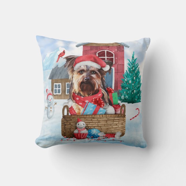Yorkshire Terrier Dog im Schnee Weihnachtshundehau Kissen (Vorderseite)