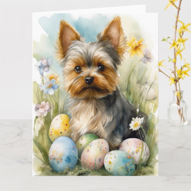 Yorkshire Terrier Dog mit Ostereier Urlaub Karte (Gelbe Blume)