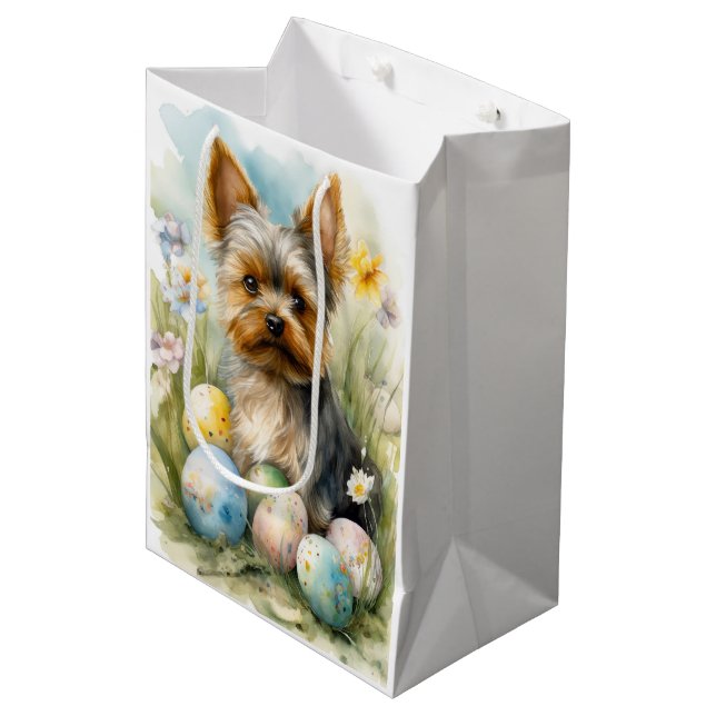 Yorkshire Terrier Dog mit Ostereier Urlaub Mittlere Geschenktüte (Vorderseite Schrägansicht)