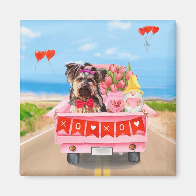 Yorkshire Terrier Dog Valentine's Day Truck Hearts Magnet (Vorne)