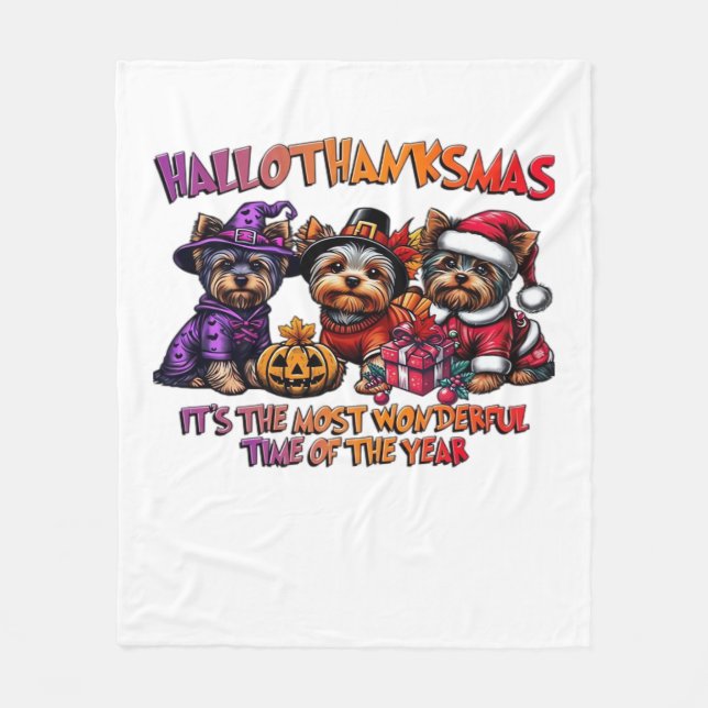 Yorkshire Terrier Halloween Erntedank Weihnachten Fleecedecke (Vorderseite)