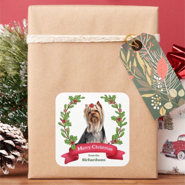 Yorkshire Terrier Holly Wreath Quadratischer Aufkleber (Feiertag)