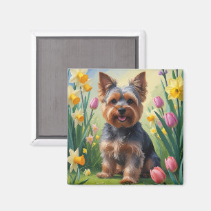 Yorkshire Terrier Hund Frühjahrsblumen Malerei Magnet
