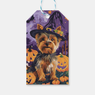 Yorkshire Terrier Hund Halloween Hexe und Kürbis Geschenkanhänger