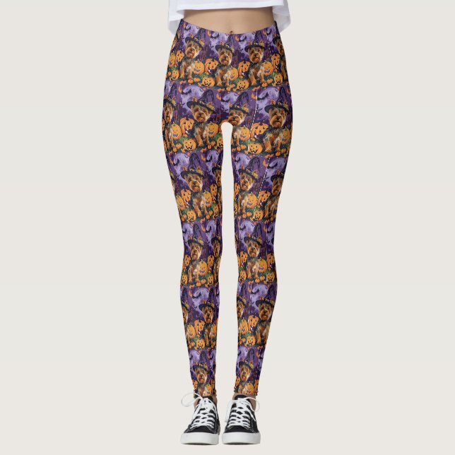 Yorkshire Terrier Hund Halloween Hexe und Pumpkin Leggings (Vorderseite)