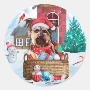 Yorkshire Terrier Hund im Schnee Weihnachtshundeha Runder Aufkleber