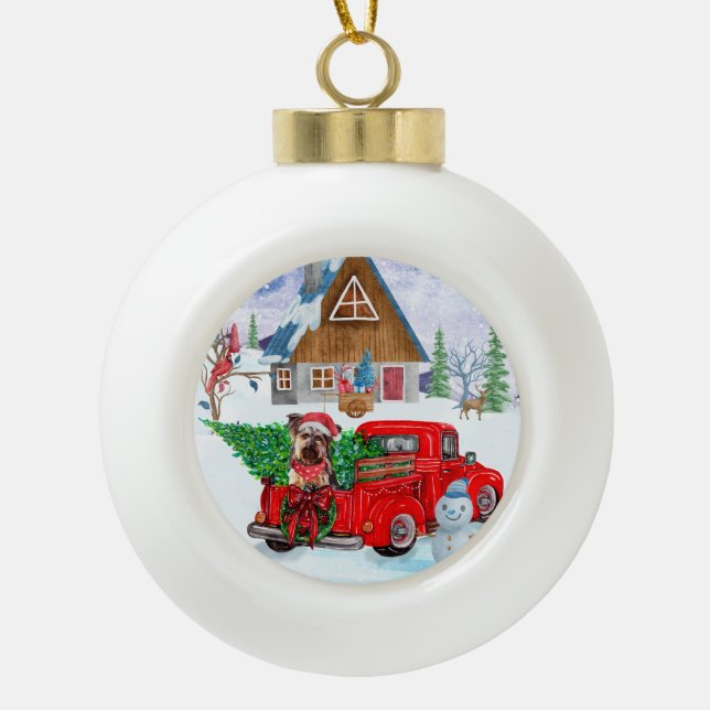 Yorkshire Terrier Hund im Truck zur Weihnachtslief Keramik Kugel-Ornament (Vorderseite)