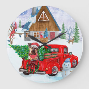 Yorkshire Terrier Hund im Weihnachtslieferwagen Große Wanduhr
