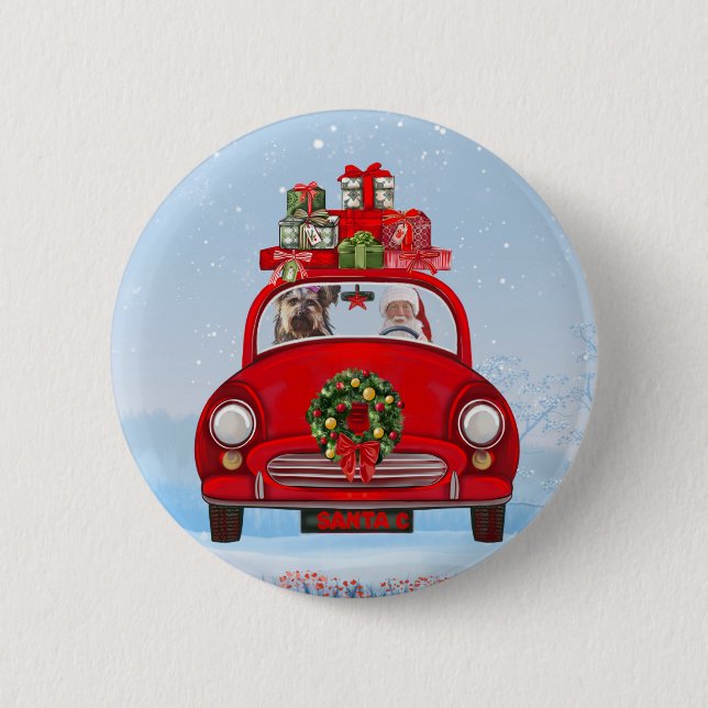 Yorkshire Terrier Hund in Auto mit dem Weihnachtsm Button (Vorderseite)