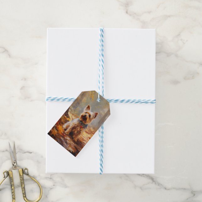 Yorkshire Terrier im Herbstfall Inspiriert Geschenkanhänger (Mit Garn)