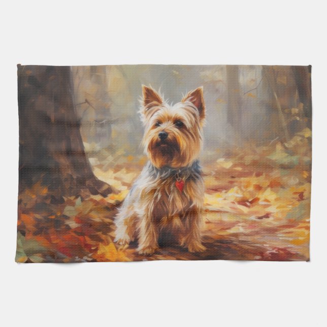 Yorkshire Terrier im Herbstfall Inspiriert Geschirrtuch (Horizontal)