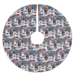 Yorkshire Terrier im Schnee mit Weihnachtsmütze Polyester Weihnachtsbaumdecke