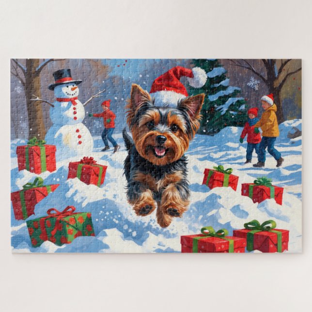 Yorkshire Terrier in Snow mit Weihnachtshut (Horizontal)