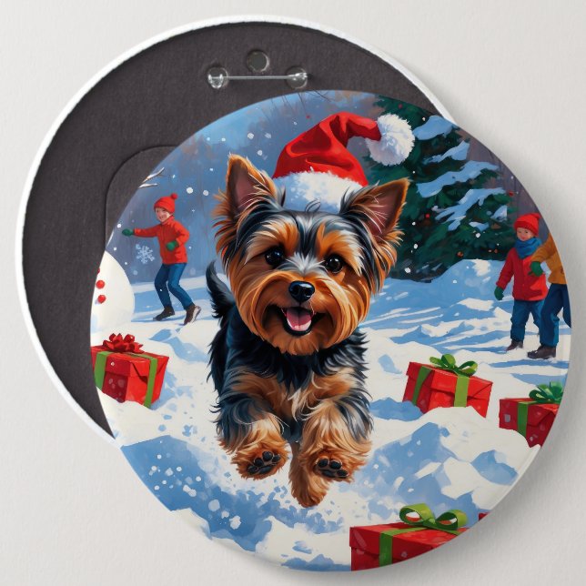 Yorkshire Terrier in Snow mit Weihnachtshut Button (Vorne & Hinten)