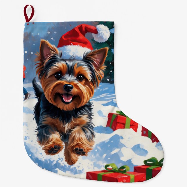 Yorkshire Terrier in Snow mit Weihnachtshut Großer Weihnachtsstrumpf (Vorderseite)