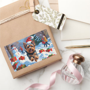 Yorkshire Terrier in Snow mit Weihnachtshut Rechteckiger Aufkleber
