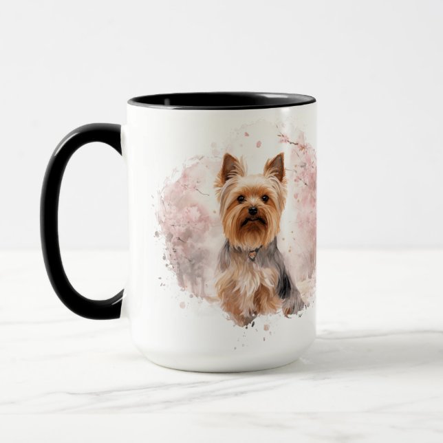 Yorkshire Terrier Kirschblüten Aquarell Geschenk Tasse (Links)