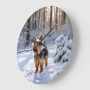 Yorkshire Terrier Lass es schneien Weihnachten Große Wanduhr