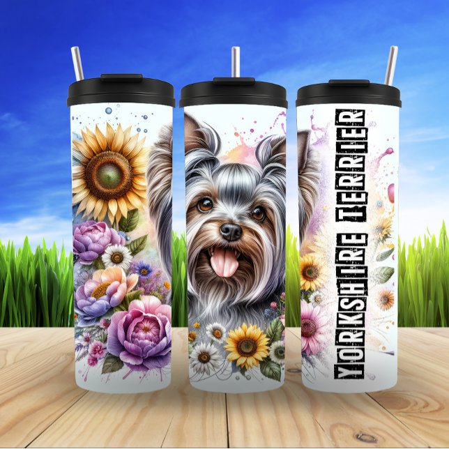 Yorkshire Terrier mit Sonnenblumen und Blüten Thermosbecher (Von Creator hochgeladen)