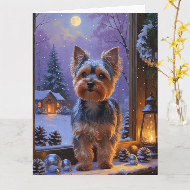 Yorkshire Terrier mit Weihnachtsbeleuchtung Karte (Gelbe Blume)